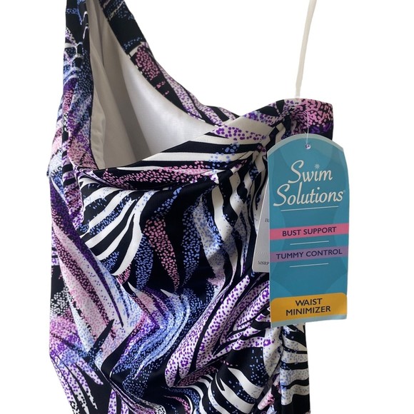 NWT SWIM SOLUTIONS Black MULTI Tummy Control One Shoulder One Piece Swimsuit 18 - Picture 3 of 9